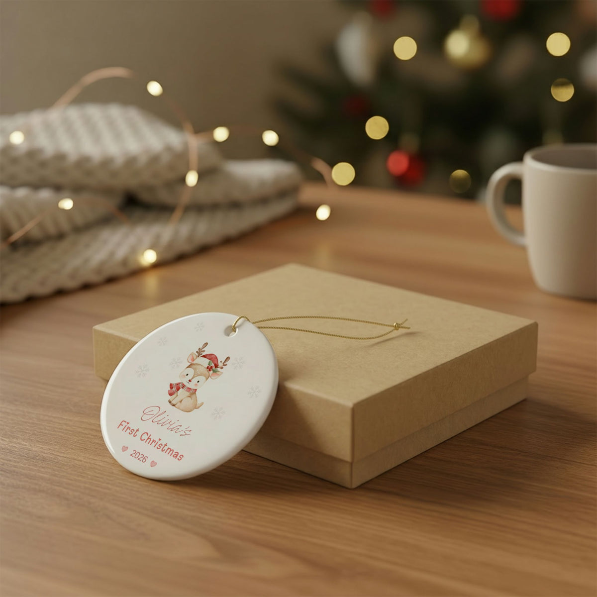 Personalized Baby's First Christmas Ornament 2026 | Custom Name Reindeer Ornament | Pink Christmas Ornament | Ceramic Double-Sided
