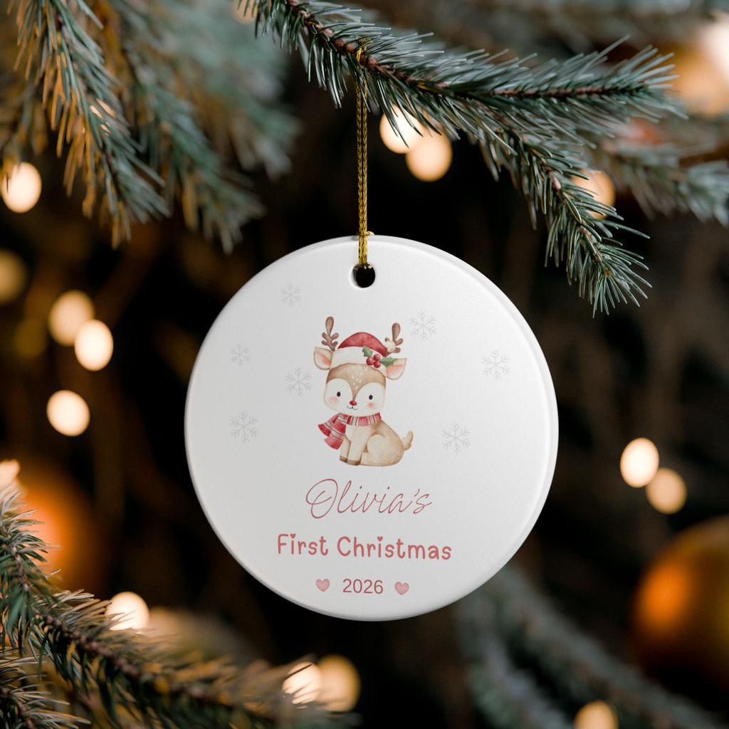 Personalized Baby's First Christmas Ornament 2026 | Custom Name Reindeer Ornament | Pink Christmas Ornament | Ceramic Double-Sided