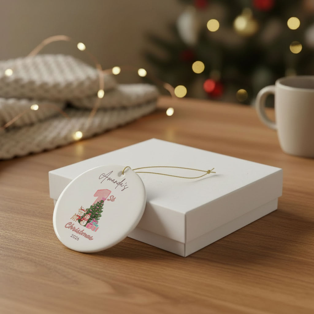 Personalized Baby's First Christmas Ornament 2026 | Custom Name Pink Tree Ornament | Baby Girl 1st Christmas Gift | Ceramic Ornament