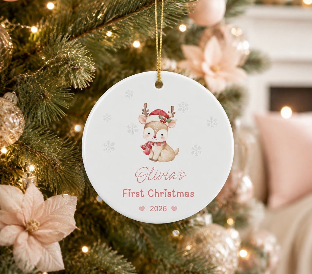 Personalized Baby's First Christmas Ornament 2026 | Custom Name Reindeer Ornament | Pink Christmas Ornament | Ceramic Double-Sided