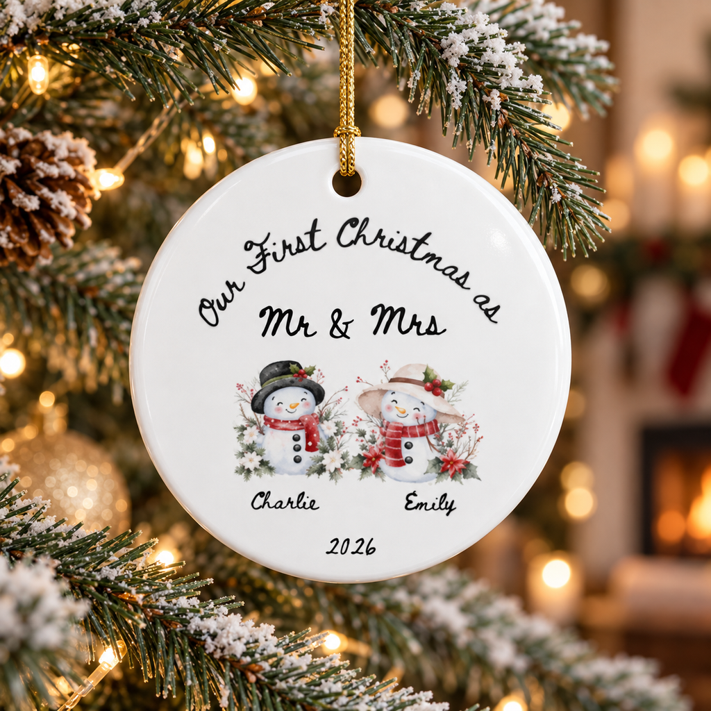 First Christmas As Mr & Mrs Ornament 2026 | Personalized Snowman Couple Ornament | Newlywed Gift | Custom Names Ceramic Ornament