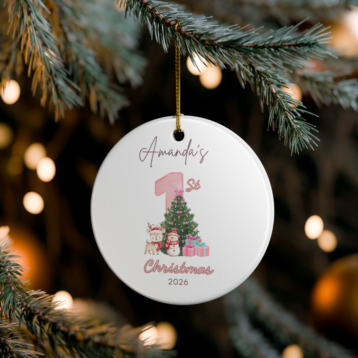 Personalized Baby's First Christmas Ornament 2026 | Custom Name Pink Tree Ornament | Baby Girl 1st Christmas Gift | Ceramic Ornament