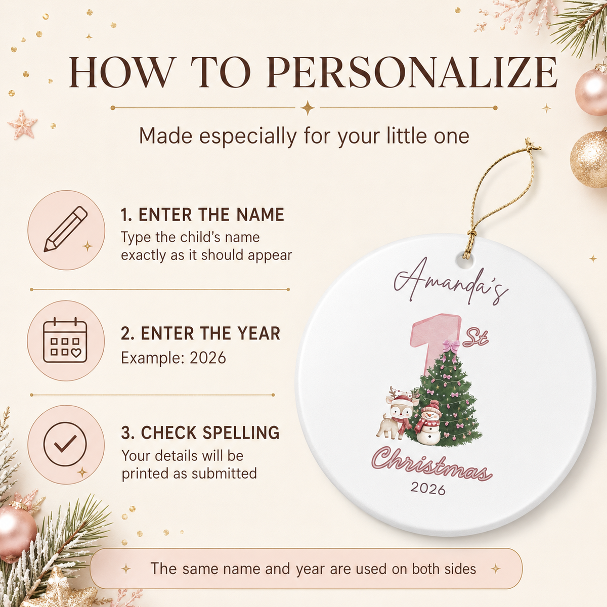Personalized Baby's First Christmas Ornament 2026 | Custom Name Pink Tree Ornament | Baby Girl 1st Christmas Gift | Ceramic Ornament