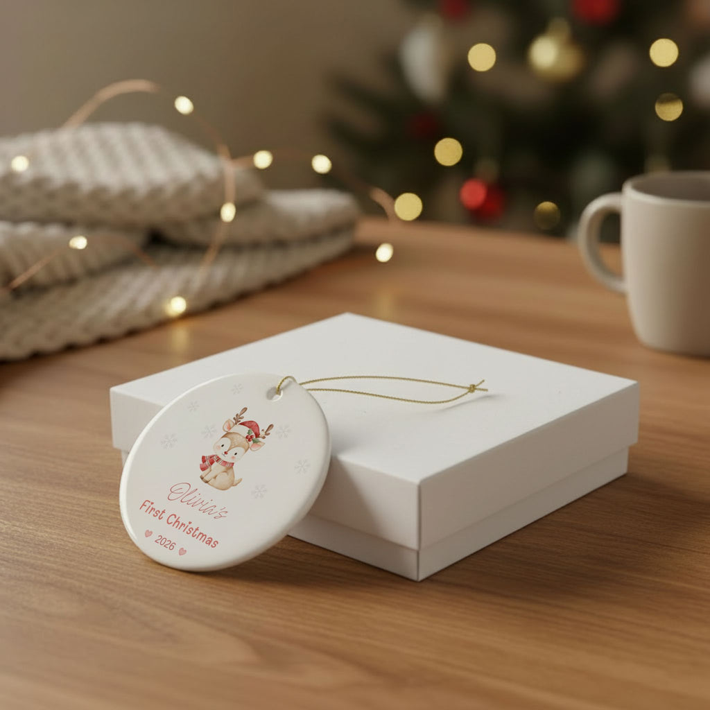 Personalized Baby's First Christmas Ornament 2026 | Custom Name Reindeer Ornament | Pink Christmas Ornament | Ceramic Double-Sided