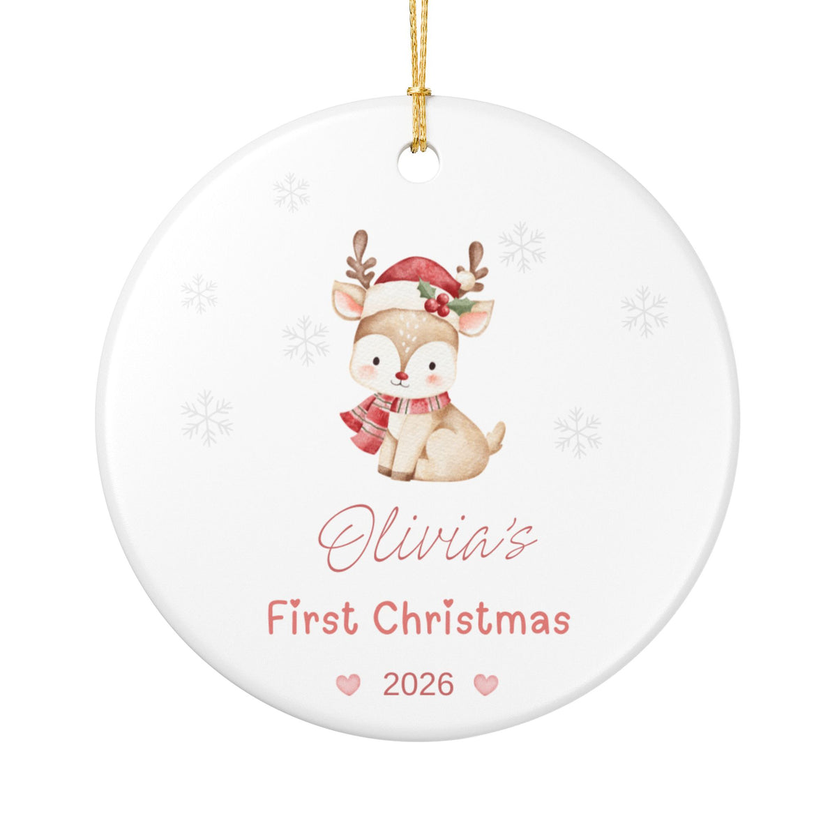 Personalized Baby's First Christmas Ornament 2026 | Custom Name Reindeer Ornament | Pink Christmas Ornament | Ceramic Double-Sided