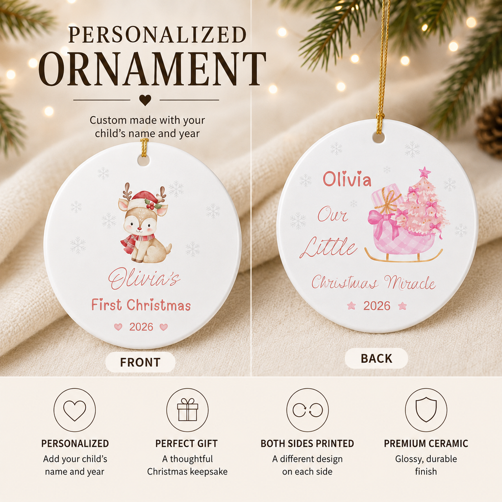 Personalized Baby's First Christmas Ornament 2026 | Custom Name Reindeer Ornament | Pink Christmas Ornament | Ceramic Double-Sided