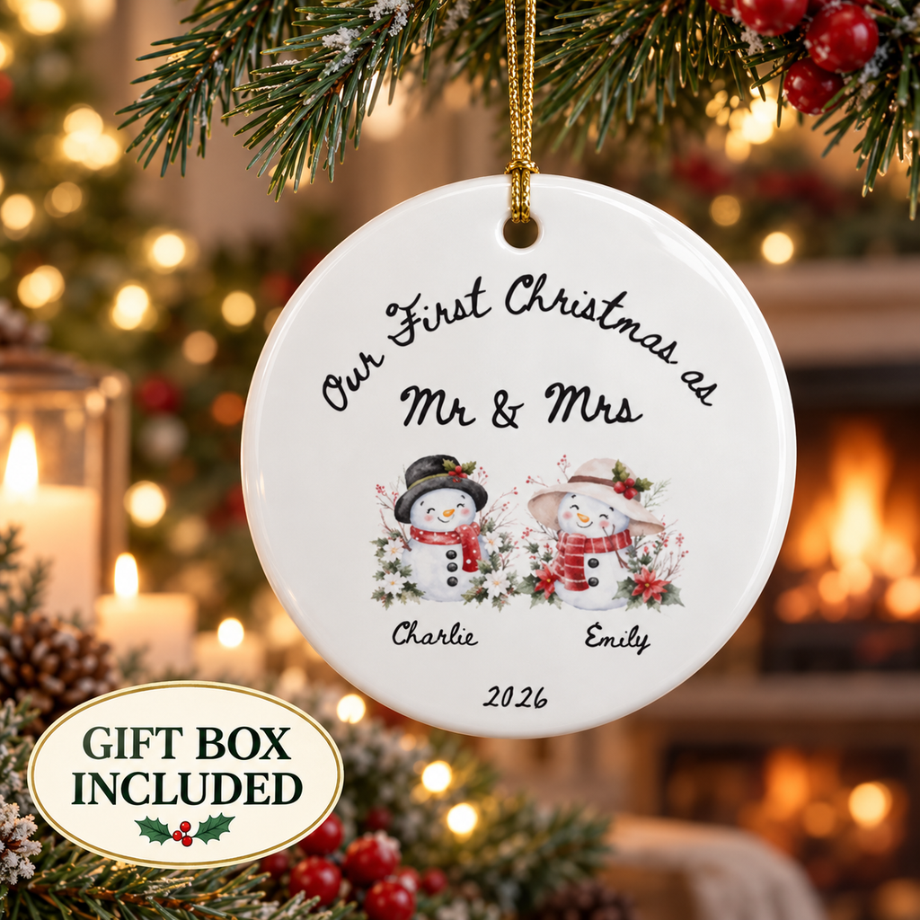 First Christmas As Mr & Mrs Ornament 2026 | Personalized Snowman Couple Ornament | Newlywed Gift | Custom Names Ceramic Ornament