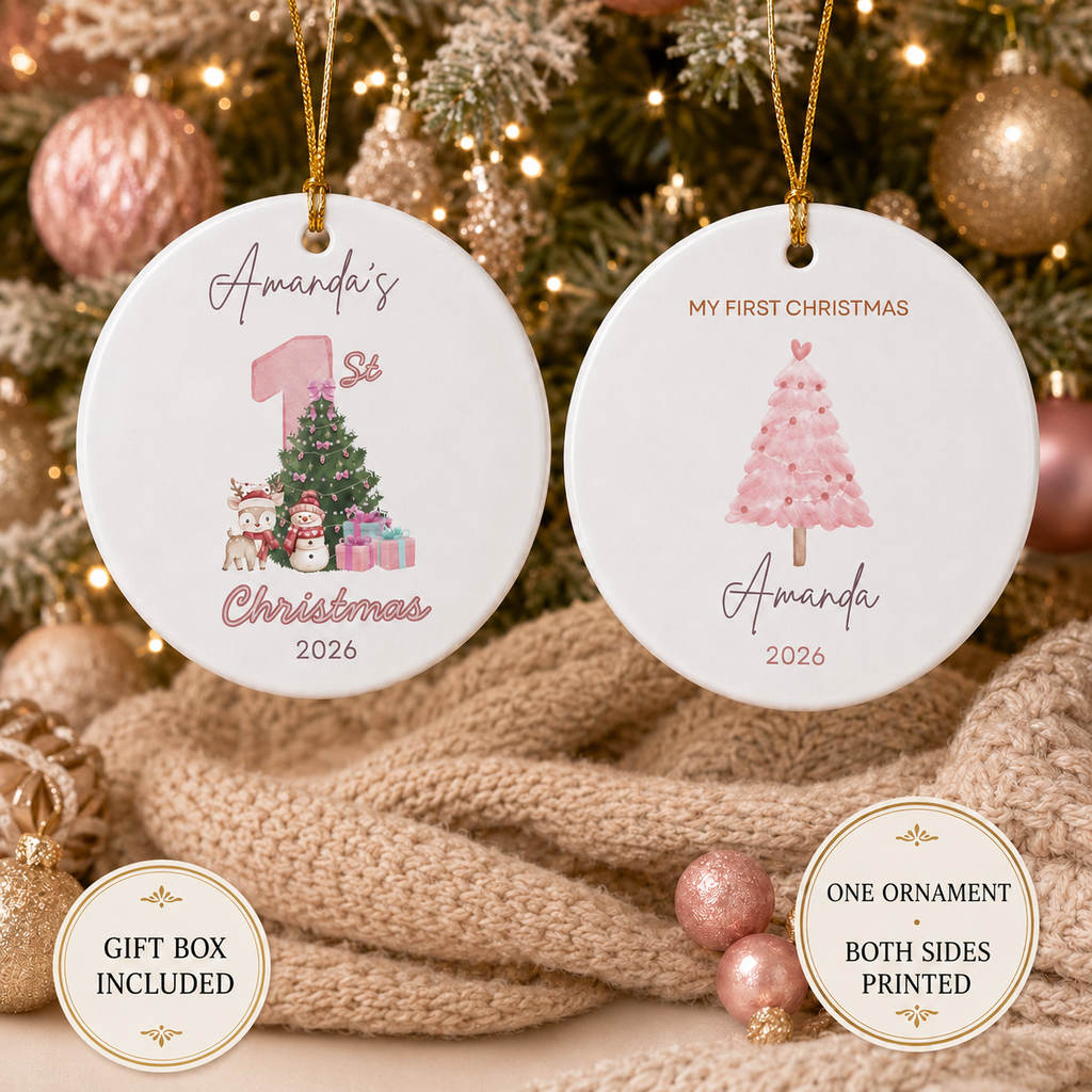 Personalized Baby's First Christmas Ornament 2026 | Custom Name Pink Tree Ornament | Baby Girl 1st Christmas Gift | Ceramic Ornament