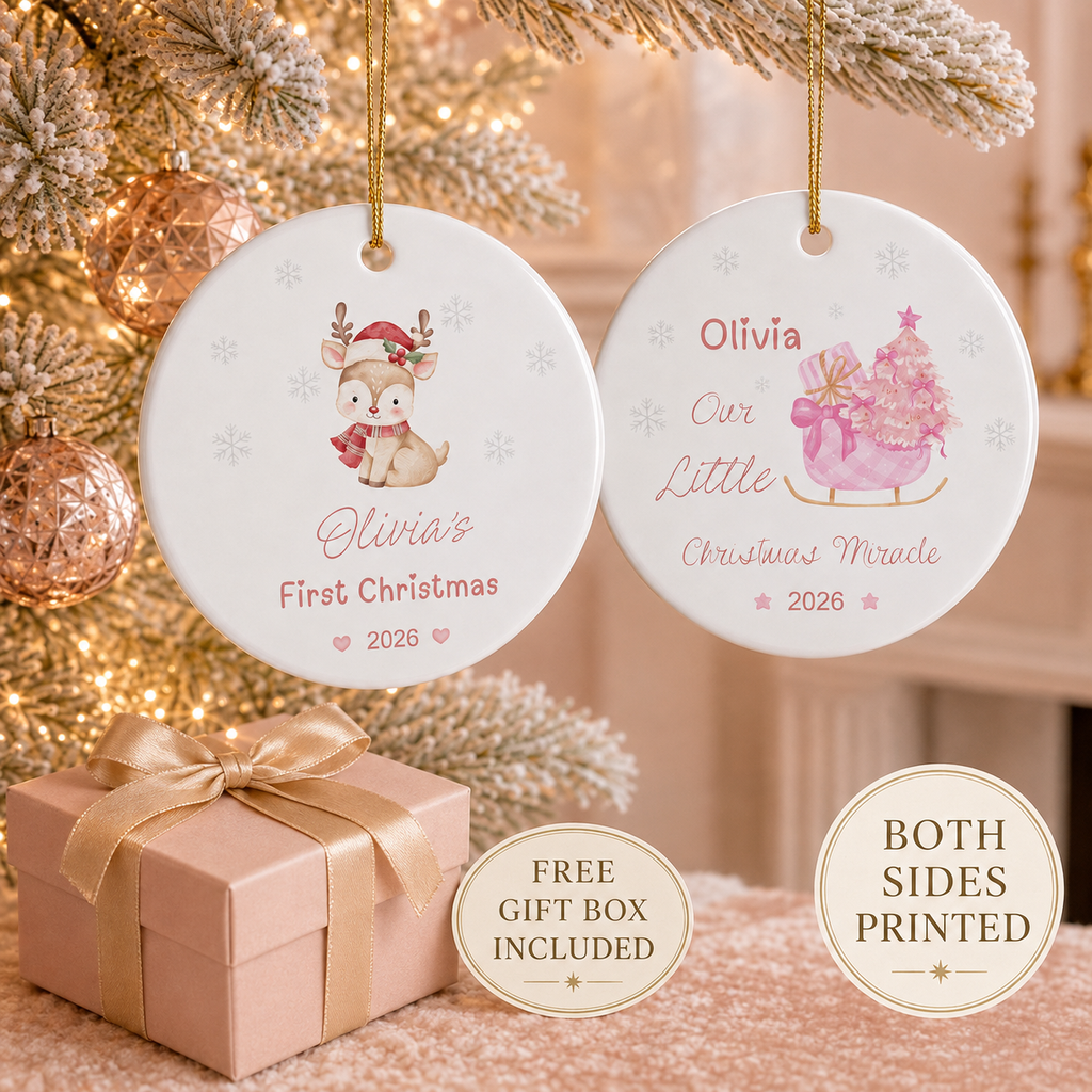 Personalized Baby's First Christmas Ornament 2026 | Custom Name Reindeer Ornament | Pink Christmas Ornament | Ceramic Double-Sided