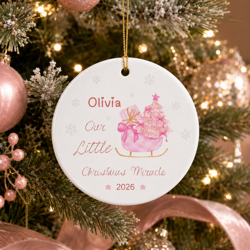Personalized Baby's First Christmas Ornament 2026 | Custom Name Reindeer Ornament | Pink Christmas Ornament | Ceramic Double-Sided