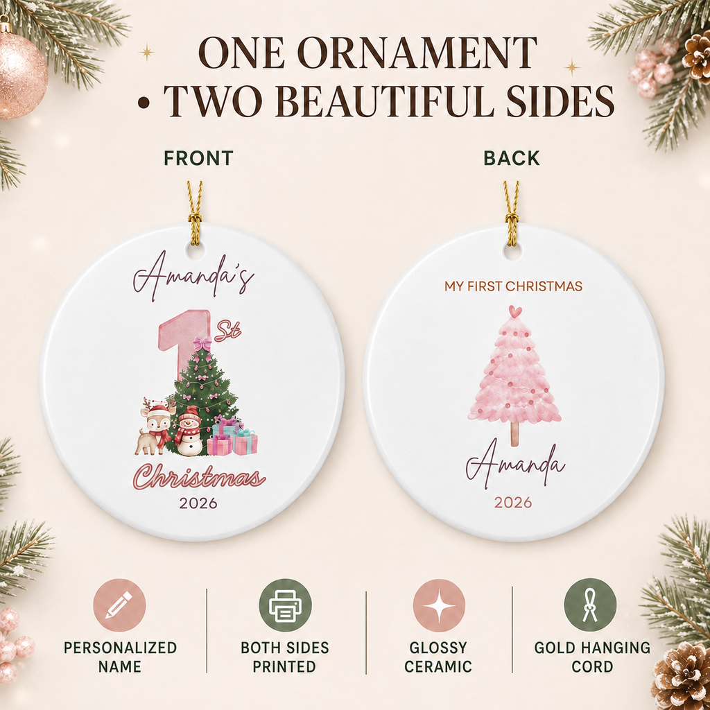 Personalized Baby's First Christmas Ornament 2026 | Custom Name Pink Tree Ornament | Baby Girl 1st Christmas Gift | Ceramic Ornament